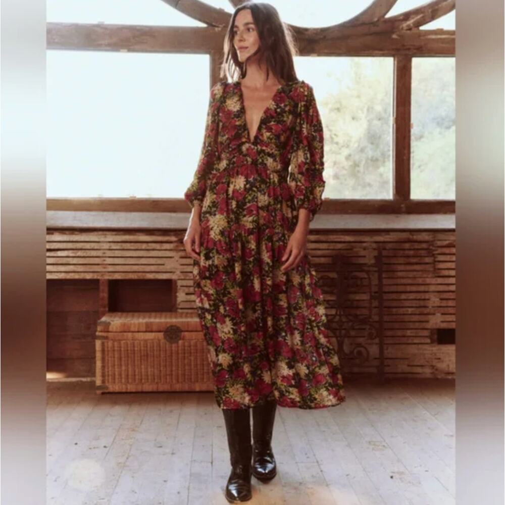 The Great. Brook Hidden Garden Floral Satin Midi Dress Size 1/S